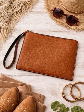 Genuine Leather Brown Wristlet Clutch Minimalist Zip Pouch 8 x 6